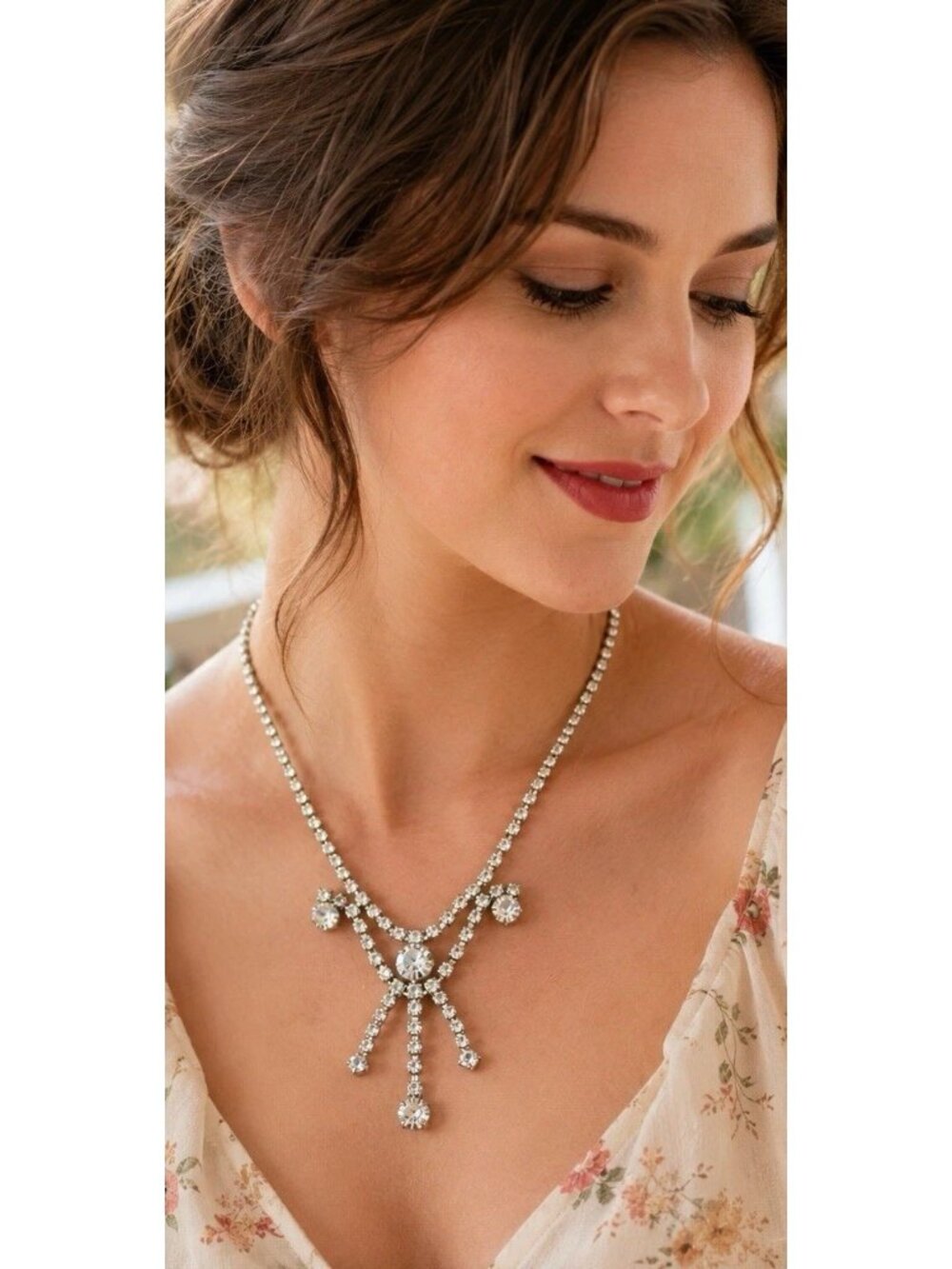 Vintage 1950’s Smart Set Rhinestone Necklace Signed Silver Tone Festoon Dangle